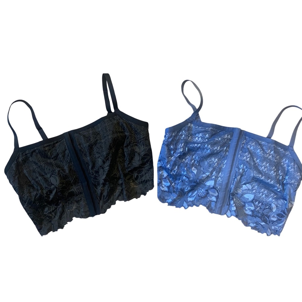 Aerie Lace Bralette Set 2 XL Black Blue Front Hook Longline Floral 069-2692-3717